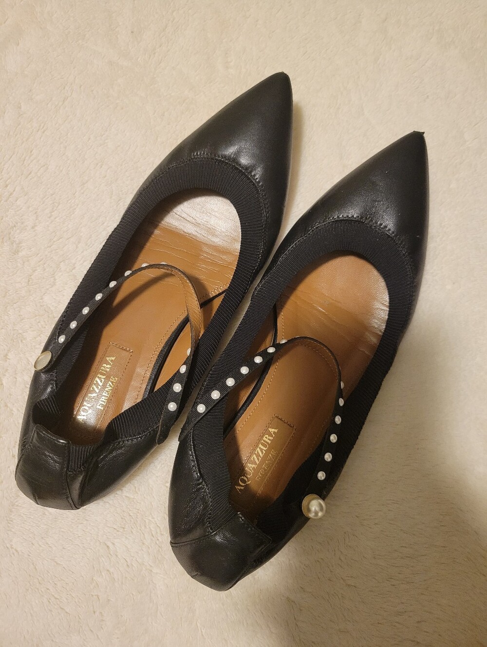 Aquazzura Black Pointed-Toe Pearl-Trim Flats
